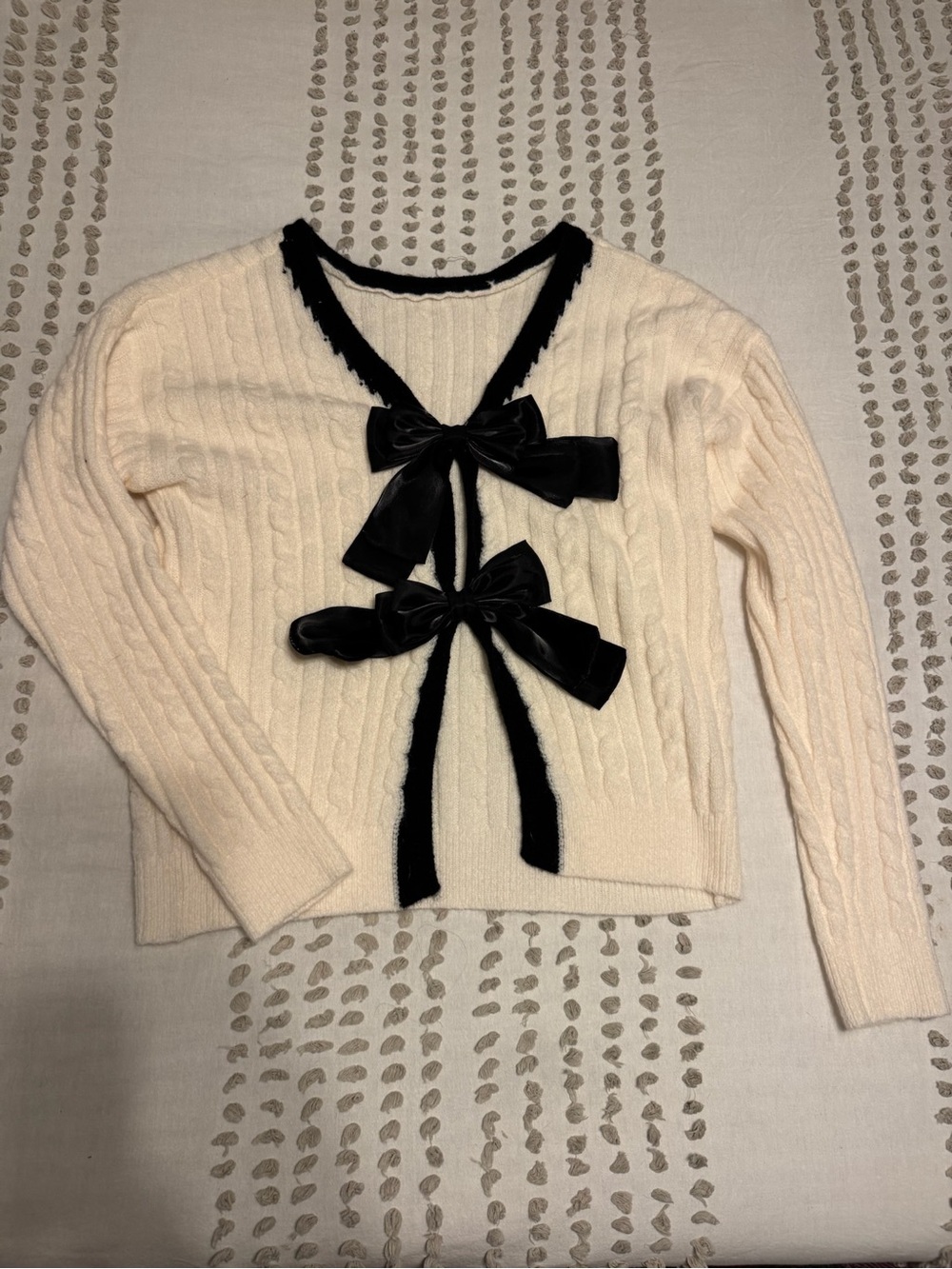 SHEIN Ivory Cable Knit Cardigan with Black Velvet Bows